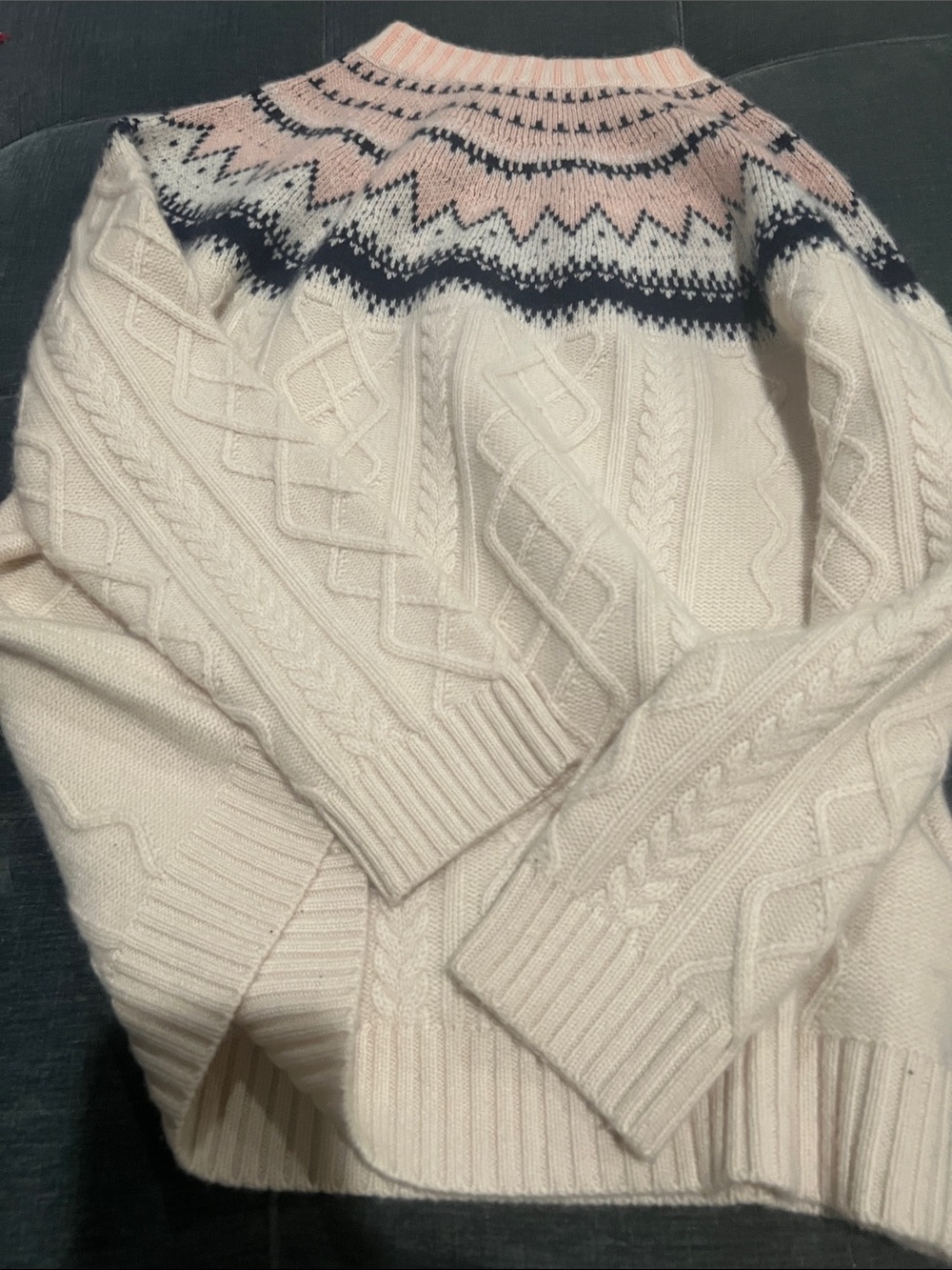 J. Crew Cream Cable-Knit Crewneck Sweater with Pink & Navy Fair Isle Yoke - Picture 3 of 5